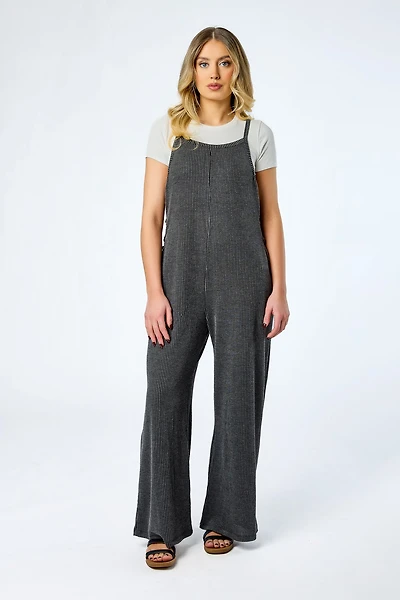 Cozy Rib Wide-Leg Overalls with Lace-up Sides