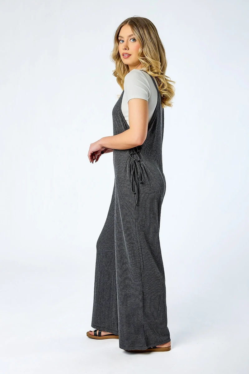 Cozy Rib Wide-Leg Overalls with Lace-up Sides