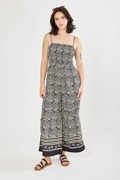Shell Print Smocked Wide-Leg Jumpsuit