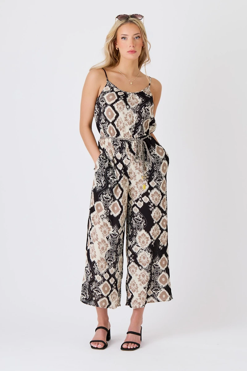 Boho Rayon Gauze Spaghetti Strap Culotte Jumpsuit with Tie Belt