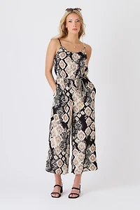 Boho Rayon Gauze Spaghetti Strap Culotte Jumpsuit with Tie Belt