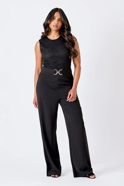 Lace & Stretch Crepe Belted Jumpsuit