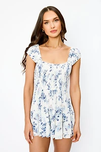 Floral Cap Sleeve Scoop-Neck Smocked Tiered Romper