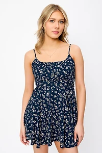 Floral Spaghetti Strap Scoop-Neck Romper with Tie-Back