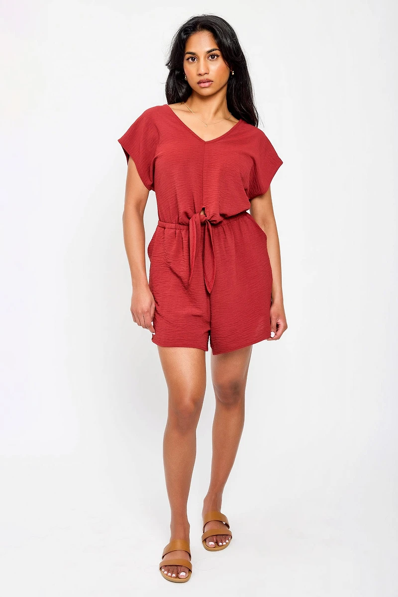 Dolman-Sleeve V-Neck Romper with Tie-Front Detail