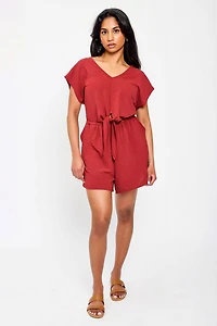 Dolman-Sleeve V-Neck Romper with Tie-Front Detail