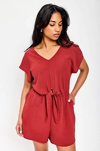 Dolman-Sleeve V-Neck Romper with Tie-Front Detail