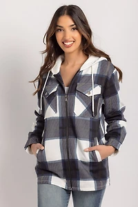 Blue Plaid Fleece Zip-Front Hooded Shirt