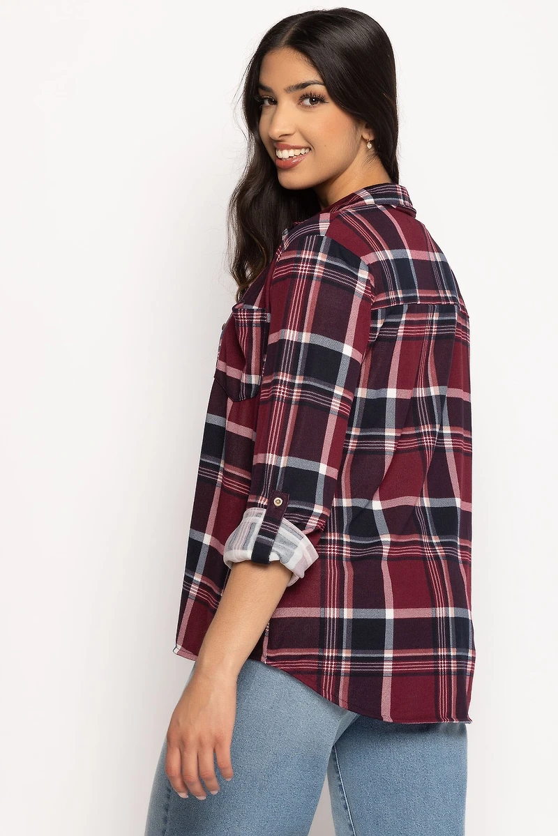 Cozy Plaid Shirt with Roll-Up Sleeves Cranberry