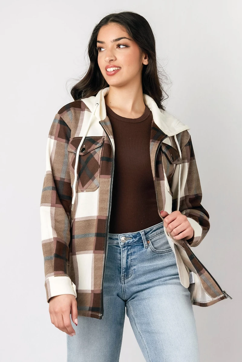 Brown Plaid Fleece Zip-Front Hooded Shirt