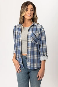 Denim Plaid Long Sleeve Cozy Knit Shirt with Roll-up Sleeves