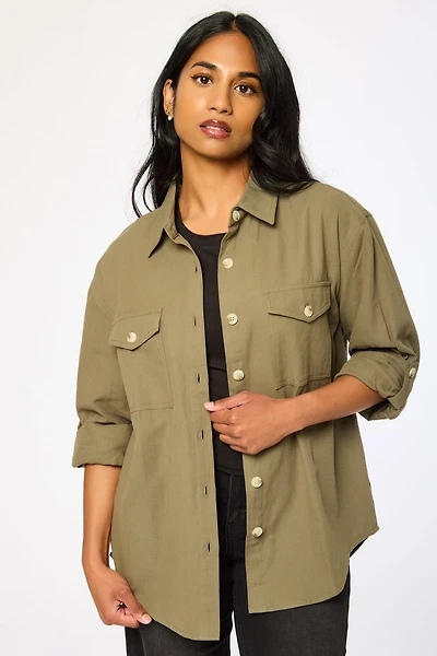 Cotton Twill Button-Up Shirt with Roll-Up Sleeves