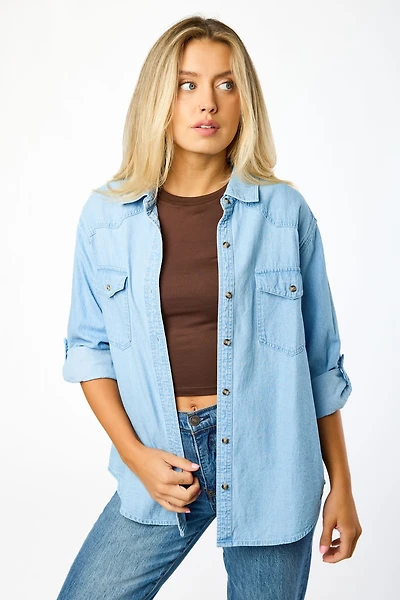 Light Wash Denim Shirt with Roll-up Sleeves