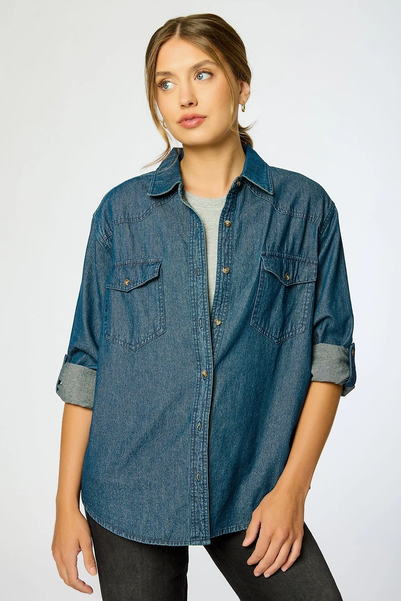 Dark Wash Roll-Up Denim Shirt