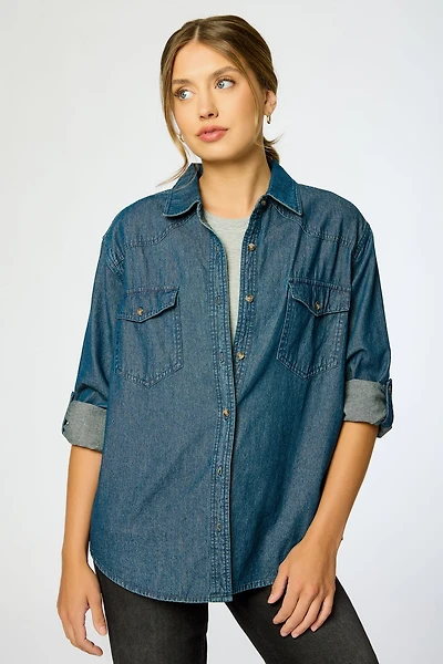 Dark Wash Roll-Up Denim Shirt