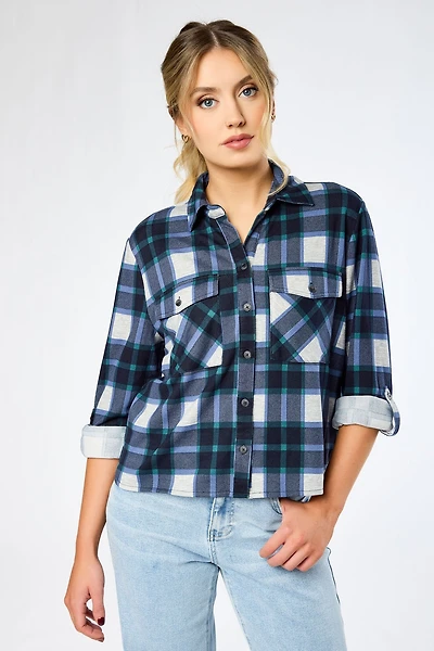 Plaid Cropped Button-Up Shirt with Chest Pockets