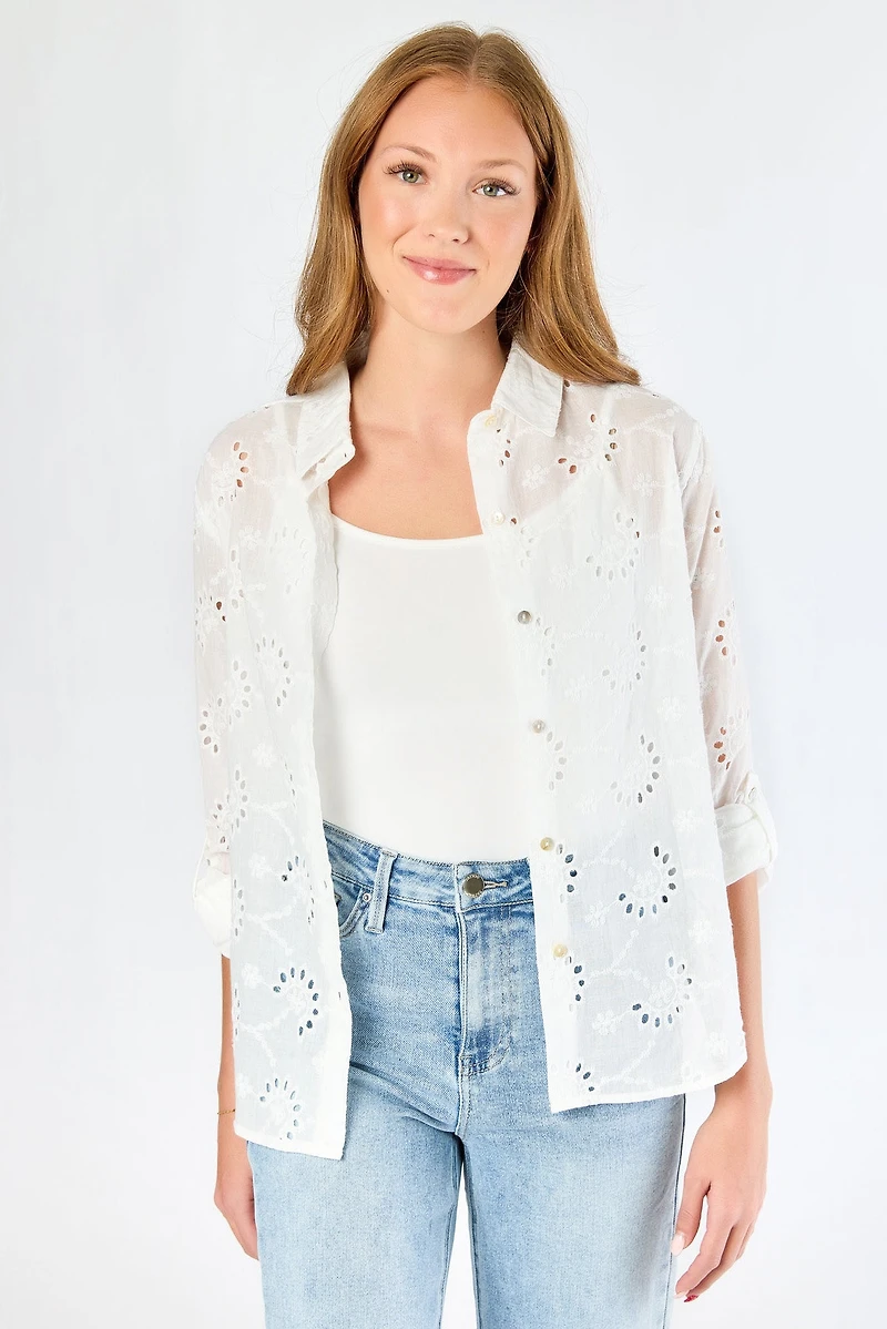 Eyelet Roll-Sleeve Shirt