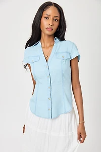 Light Blue Lyocell Cap-Sleeve Fitted Shirt