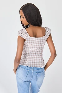 Plaid Cotton Blend Puff Sleeve Button-Front Shirt