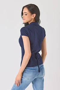Polka Dot Cotton Blend Cap Sleeve Button-Front Shirt with Tie-Back