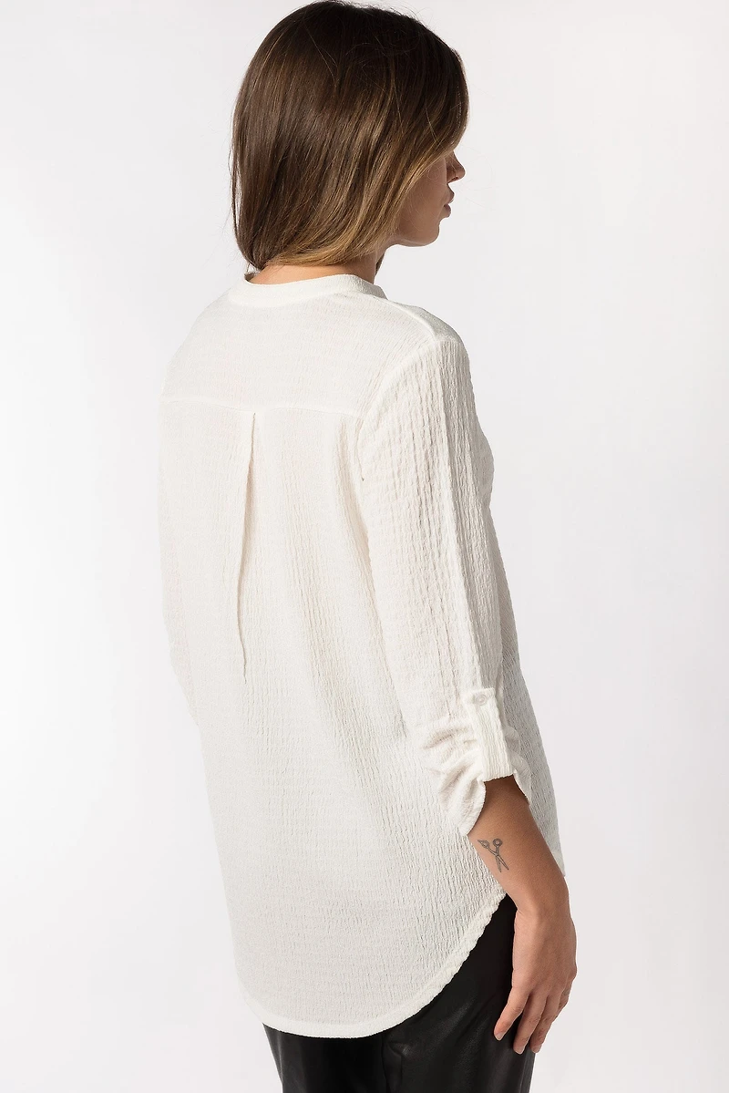 Textured V-Neck Blouse with Roll Tab sleeves