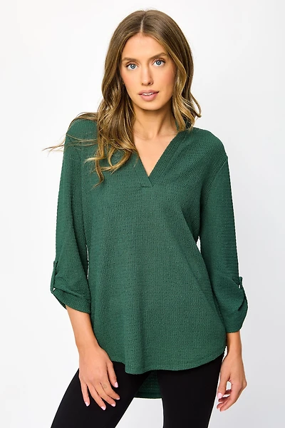 Textured V-Neck Blouse with Roll Tab sleeves