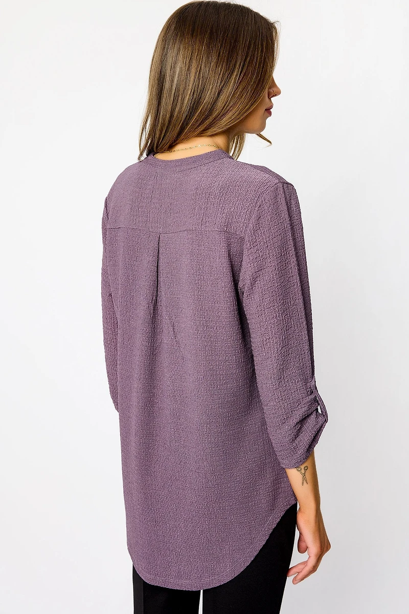 Textured V-Neck Blouse with Roll Tab sleeves