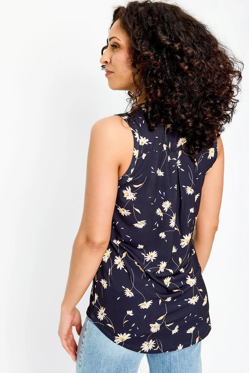 Daisy Print Sleeveless V-Neck Blouse