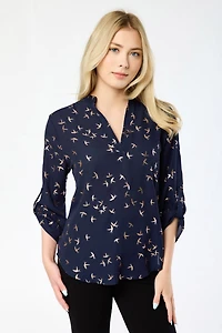 Bird Foil Print Blouse with Roll-Up Sleeves