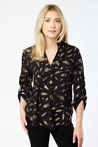Leaf Foil Print Blouse with Roll-Up Sleeves