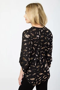 Leaf Foil Print Blouse with Roll-Up Sleeves