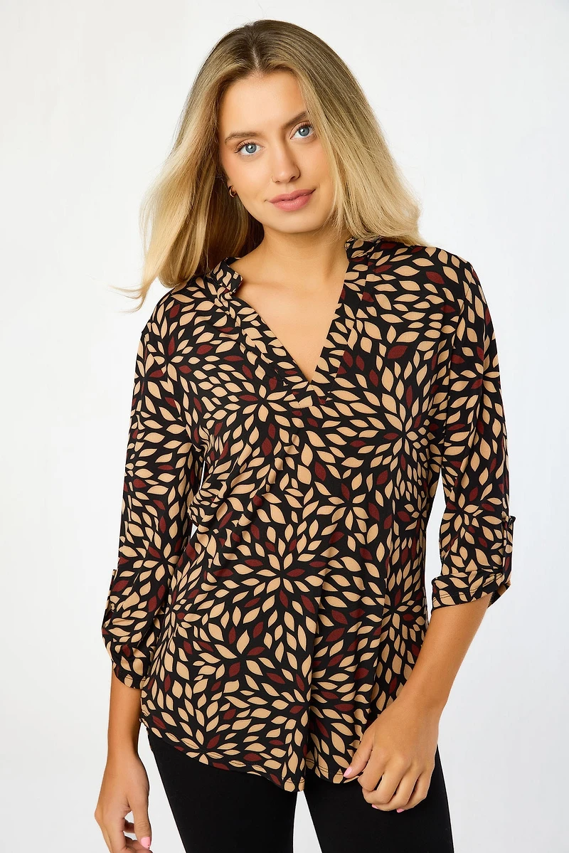 Small Leaf Print V-Neck 3/4 Sleeve Blouse