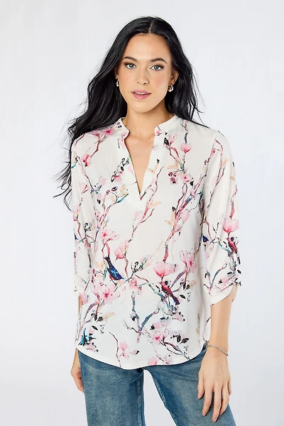Bulgari Floral & Bird Roll-Tab Blouse
