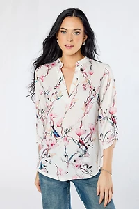 Bulgari Floral & Bird Roll-Tab Blouse