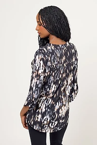 Puff Print Abstract ITY Roll-Tab Blouse