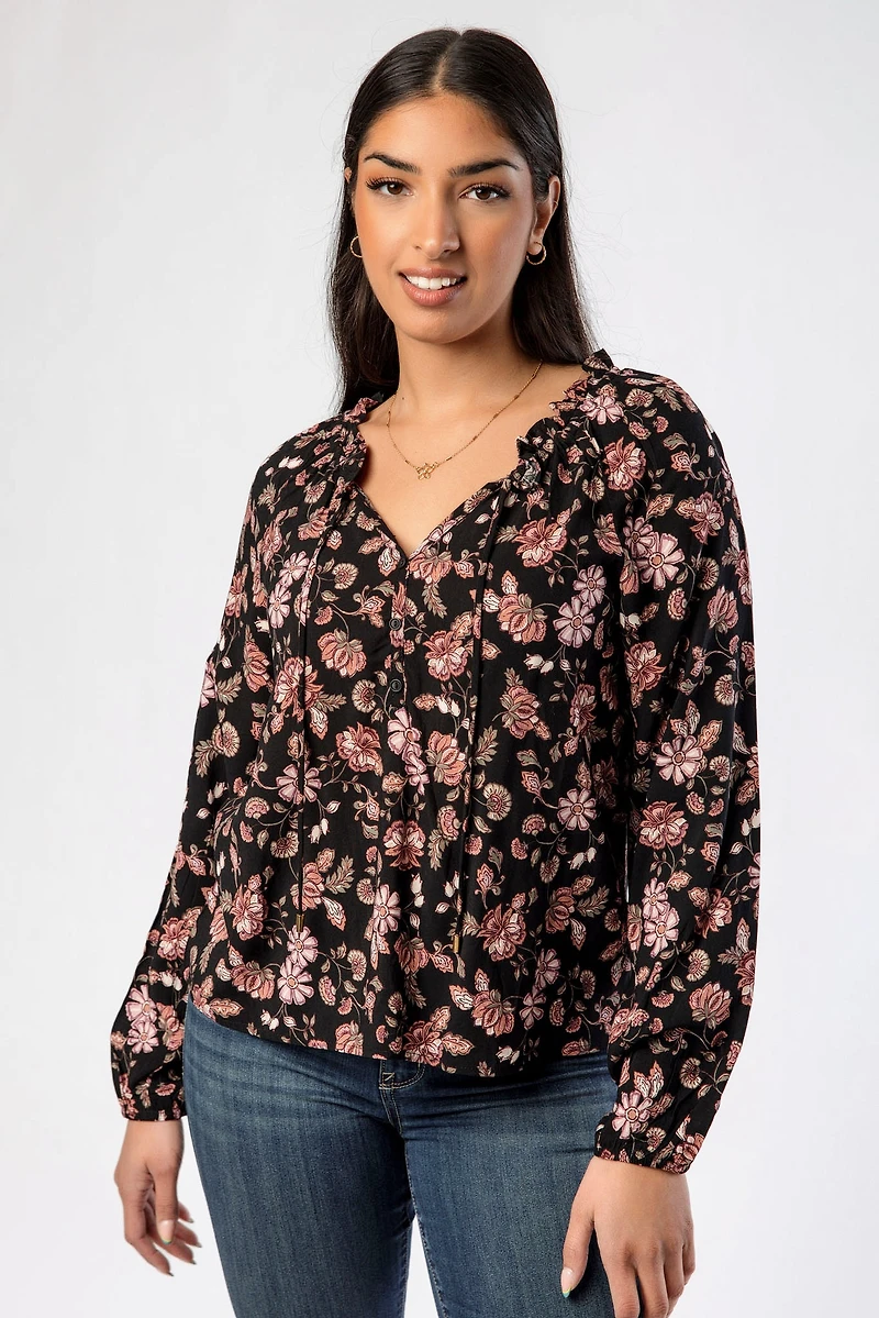Floral V-Neck Long Sleeve Blouse with Tie Detail