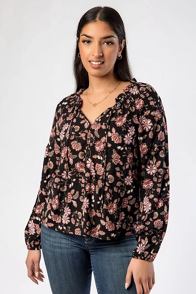 Floral V-Neck Long Sleeve Blouse with Tie Detail