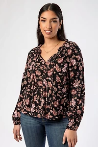 Floral V-Neck Long Sleeve Blouse with Tie Detail