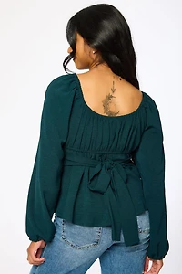 Airflow Square-Neck Long Sleeve Peasant Top with Tie-Back