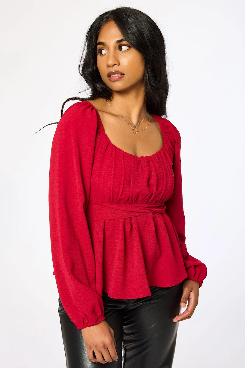 Airflow Square-Neck Long Sleeve Peasant Top with Tie-Back