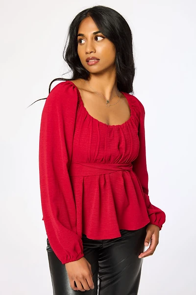 Airflow Square-Neck Long Sleeve Peasant Top with Tie-Back