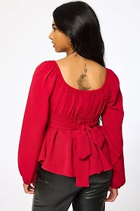 Airflow Square-Neck Long Sleeve Peasant Top with Tie-Back