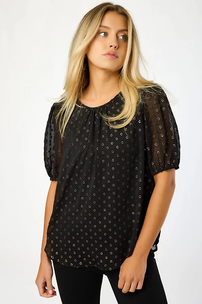 Textured Foil Dot Puff-Sleeve Blouse