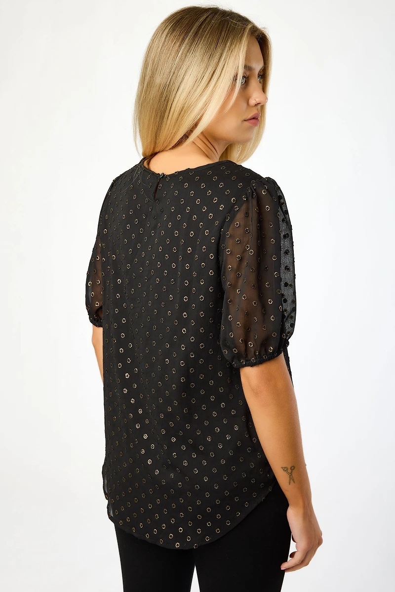 Textured Foil Dot Puff-Sleeve Blouse