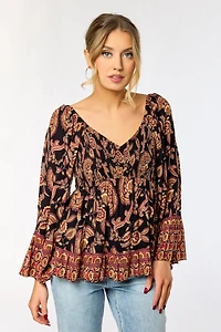 Floral Border-Print Bell Sleeve Babydoll Top