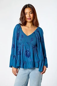 Floral Smocked V-Neck Bell-Sleeve Babydoll Top