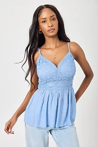 Gauze Spaghetti Strap Babydoll Top with Crochet Bodice