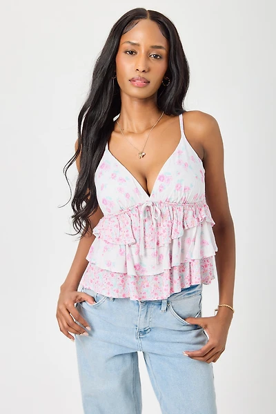 Ditsy Twin Print Tiered Babydoll Top