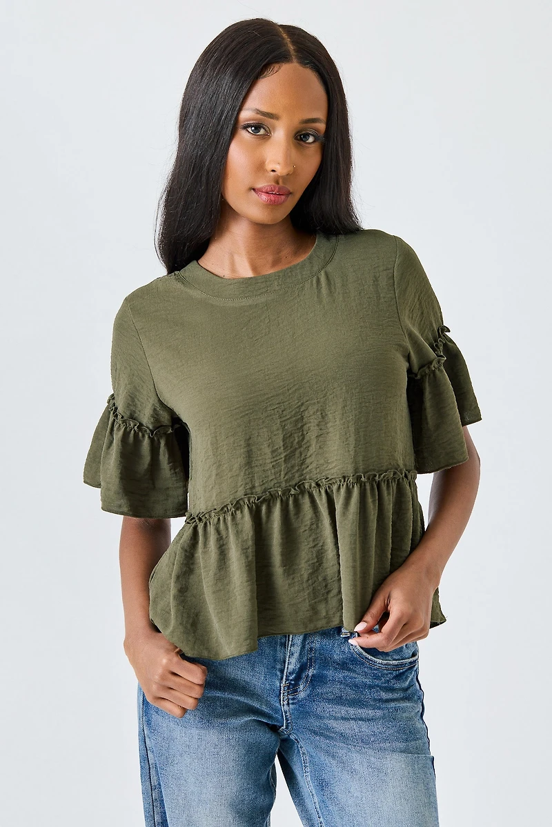 Airflow Crew-Neck Short-Sleeve Ruffle Peplum Top
