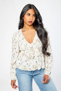 Floral Smocked V-Neck Long-Sleeve Babydoll with Buttons